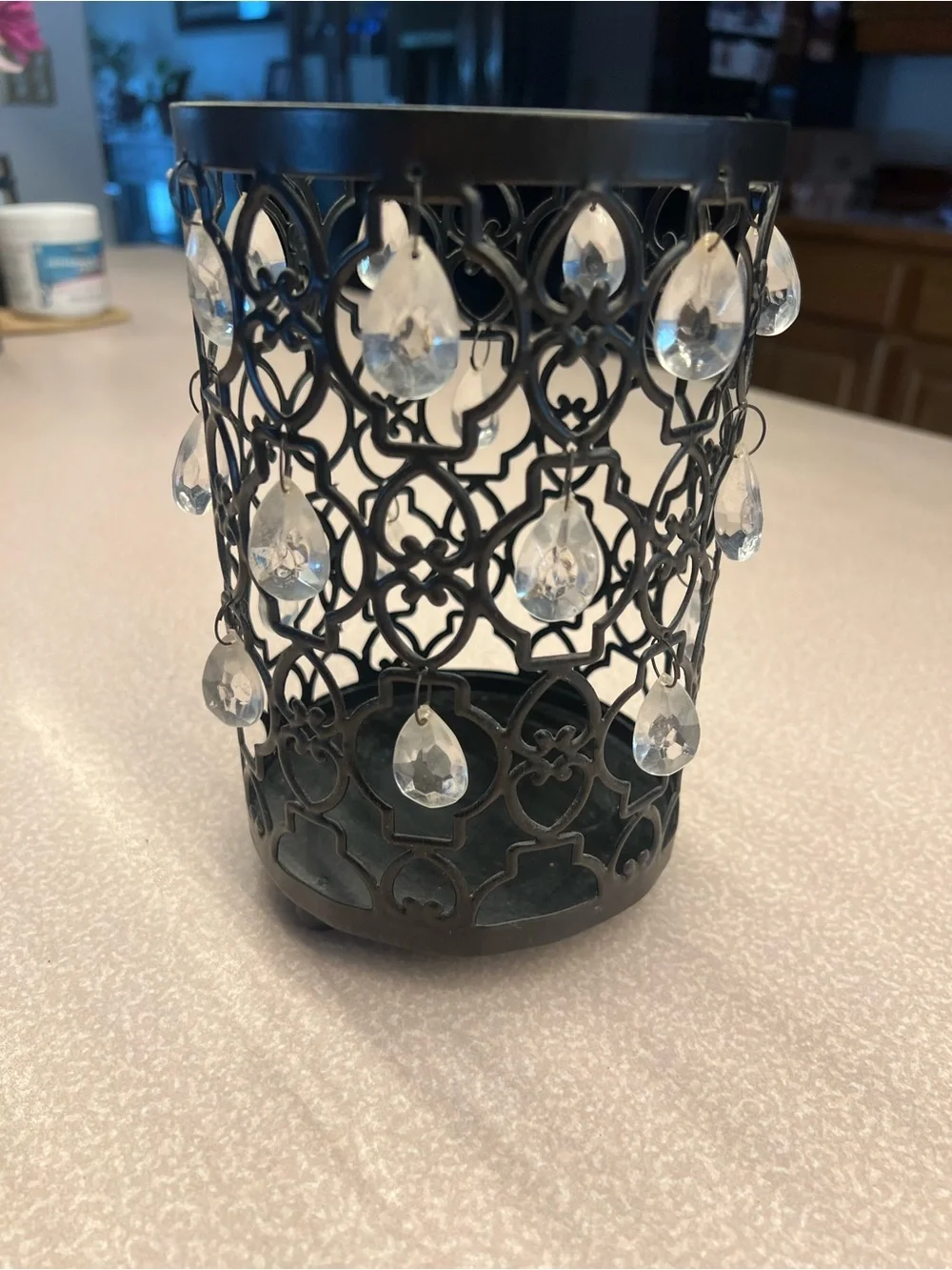 Elegant Black Metal Tealight Holder with Crystal Droplets